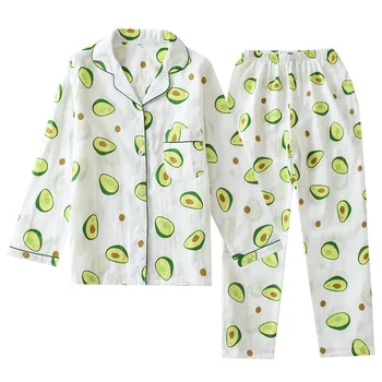 Femeile Avocado Pijamale pentru Primăvară și Vară Costum de Pijama de Bumbac Țesute Dublu de Tifon cu mâneci Lungi, Pantaloni Plus Dimensiune Haine
