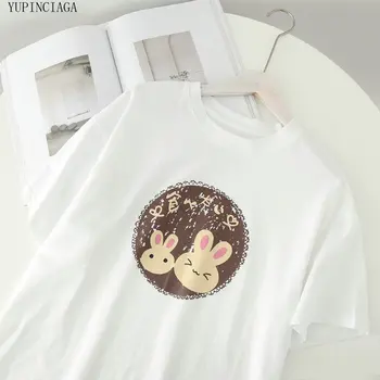 Femeile de Imprimare de Desene animate Drăguț Bunny Liber Gât Rotund Maneca Scurta Kawaii tricou Femme Casual de Bază Topuri Teuri YUPINCIAGA