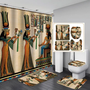 Femeile Egiptene Perdea de Duș din Poliester Tesatura de 4 Piese, Baie DIY Decor Design Retro Covor de Acoperire Toaletă Mat