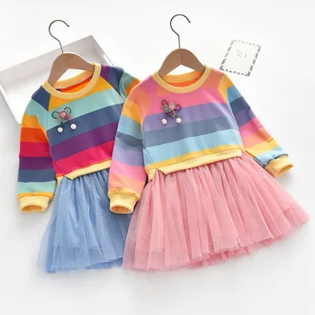 Fete Rochie 2020 Toamna anului Nou Maneca Lunga pentru Copii Rainbow Pulover cu Dungi Stil Occidental Copilul Plasă de Rochie de Printesa Set