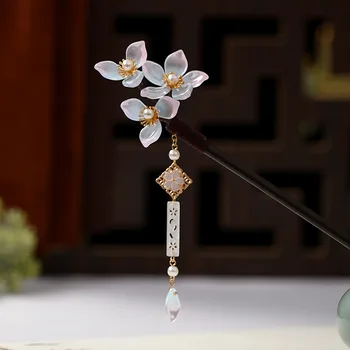 FORSEVEN Femei Chineze Hanfu Rochie Headpieces Bijuterii Decorative de Flori Perle Pandantiv din Lemn Furca de Păr Agrafe de par Agrafe de Bastoane