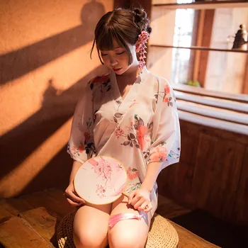 Gheișă Japoneză Halat De Baie Flori Tradiționale Sexy Scurte Halat De Noapte Halat Yukata Kimono Femei Vrac Sexuală De Adult Fantasy Costum