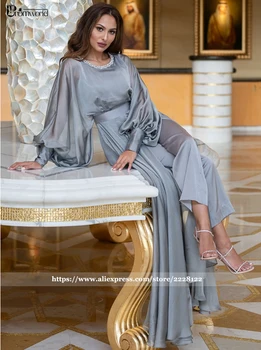 Gri Elegant, Flare Salopeta Rochii De Seara Cu Maneca Lunga Halat De Seara Șifon Cristale Guler Dubai Arabă Formale Rochii De Bal
