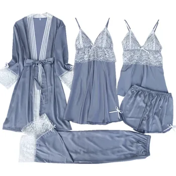 Gri Set de cămașă de noapte pentru Femei 5PCS Dantela de Seara V-Gât Flori Pijamale Costum Homewear Primăvară Doamna Sleepwear Halat Rochia Lounge Neglijeu