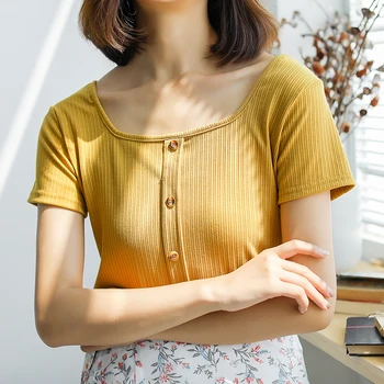 Heliar Butoane Topuri Tricotate Pătrat Guler T-Shirt Femei Maneci Scurte De Vară Galben Solid Crop Top Doamnelor Femei De Vară 2020
