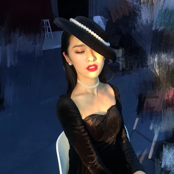 High End Doamnelor de Epocă, Nunta Negru Pălărie de velur Lux Pearl Panglică Fascinator Pălărie Royal Petrecere Cocktail Femei de Moda Frizură