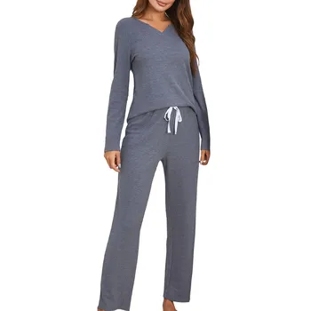 Iarna Femei Pijama Set de Moda Sexy V-Neck Maneca Lunga Pulover T-shirt, cu Pantaloni Lungi Solid Body Sleepwear Uzura Acasă
