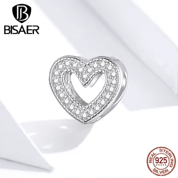 Inima Farmecele BISAER Real Argint 925 Cubic Zircon deschide Dragoste Inima Farmecul Margele pentru Brățară Bijuterii de Luare EFC213