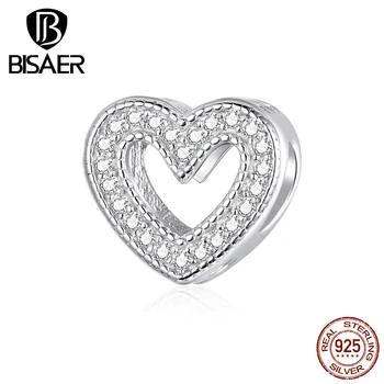Inima Farmecele BISAER Real Argint 925 Cubic Zircon deschide Dragoste Inima Farmecul Margele pentru Brățară Bijuterii de Luare EFC213