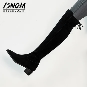 ISNOM Tocuri Groase Peste Genunchi Cizme pentru Femei Zip Legați în Cruce a Subliniat Toe Încălțăminte de Vaca piele de Căprioară Femei Cizme Pantofi de Iarna Femeie 2018