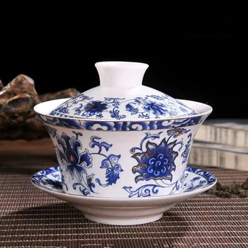 JingDeZhen Porțelan Albastru și Alb Ceașcă de ceai Chinezesc Sancai GaiWan de Ceai din Ceramica Strachină Ceai cu Ceasca si Farfurie Set