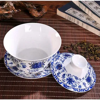 JingDeZhen Porțelan Albastru și Alb Ceașcă de ceai Chinezesc Sancai GaiWan de Ceai din Ceramica Strachină Ceai cu Ceasca si Farfurie Set