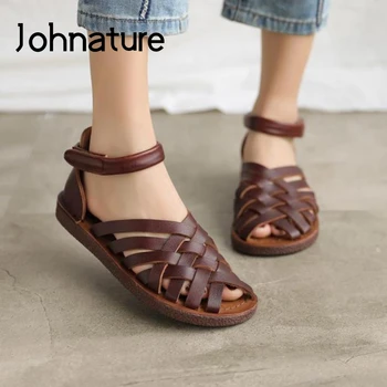 Johnature Retro Sandale Femei Pantofi Din Piele 2020 Noi De Vara Plat Cu Cârlig & Bucla Casual Manual Țese Doamnelor Sandale