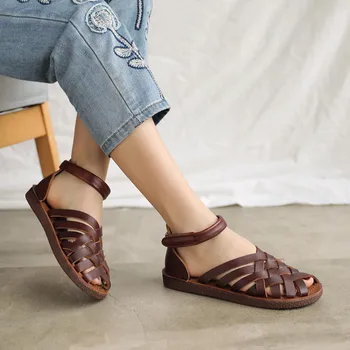 Johnature Retro Sandale Femei Pantofi Din Piele 2020 Noi De Vara Plat Cu Cârlig & Bucla Casual Manual Țese Doamnelor Sandale