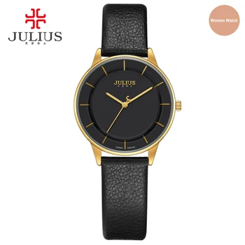 JULIUS Ceas de Aur din Piele Cuarț Ceas Retro Femei Elegant Negru Argintiu Scurtă Vogue Simplu Elegant Ceasuri de mana JA-957