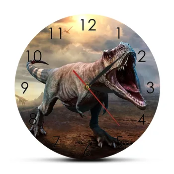Jurassic Regele T-Rex Tyrannosaurus Ceas de Perete T-Rex Scena 3D ilustrare Arta de Perete Decor Acasă Dinozaur Tăcut Perete Ceas