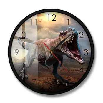 Jurassic Regele T-Rex Tyrannosaurus Ceas de Perete T-Rex Scena 3D ilustrare Arta de Perete Decor Acasă Dinozaur Tăcut Perete Ceas