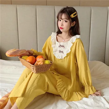 Kawaii Set Pijama Femei Volane Arc Bumbac Maneca Lunga Acasa Costum De Primăvară Moi Vrac Două Piese Sleepwear Costum Homewear 2021 A063