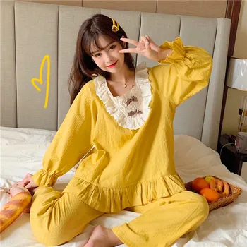 Kawaii Set Pijama Femei Volane Arc Bumbac Maneca Lunga Acasa Costum De Primăvară Moi Vrac Două Piese Sleepwear Costum Homewear 2021 A063