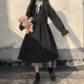 Kawaiii Lolita Harajuku Moda Strazii Liber Japoneză Dulce Mult Guler Polo Negru Cu Maneca Lunga Rochie De Femei