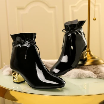 Kickway cizme glezna cu tocuri femeie de toamna pentru femei cizme glezna cu tocuri deget de la picior pătrat spate cu fermoar cizme albe sex feminin mari dimensiuni 14 45