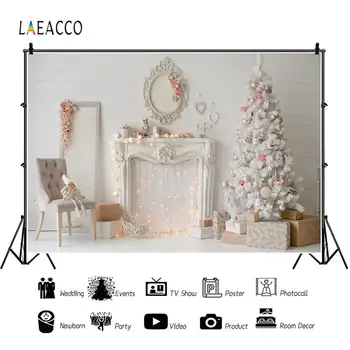 Laeacco Crăciun Fundaluri Alb Placa De Lemn Șemineu Pom De Crăciun Cadouri De Fotografie Medii Portret De Familie Photophone