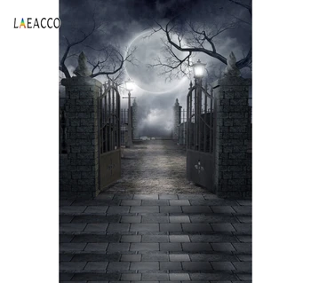 Laeacco Vinil Fundal Întunecat De Noapte Zid De Cărămidă Ușa Luna Petrecere De Halloween Teribil Pitoresc Fotografie Fundal Studio Foto Photocall