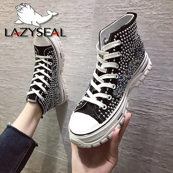 LazySeal Platforma Panza Glezna Cizme Femei 3cm Tocuri Cizme Pentru Femei Cristale Colorate Nituri Dantela-up Pantofi Femei Mujer