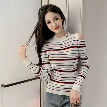 Lucyever Moda pentru Femei Dungi pulover Pulover Toamna Iarna Sexy Gol Afară O-neck Knit Top Fete coreene Bluza cu Maneci Lungi