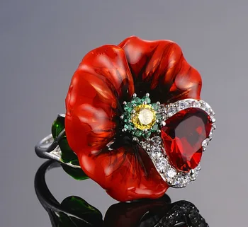 Lux Mare Floare Roșie în Formă de Inimă Inele de Nunta pentru Femei Email Manual cu Argint Culoare Inel de Logodna Bijuterii Cadou Anillos