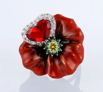 Lux Mare Floare Roșie în Formă de Inimă Inele de Nunta pentru Femei Email Manual cu Argint Culoare Inel de Logodna Bijuterii Cadou Anillos