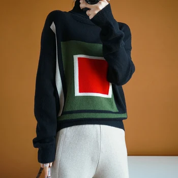 Lână pură 2019 noi guler înalt pulover gros pulover cald scurtă de culoare de potrivire cu maneci lungi vrac pulover casual femei