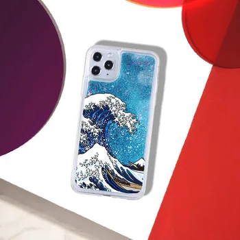 Marele Val pe Kanagawa Strălucire Lichid Real Sclipici Caz de Telefon Fundas Cover pentru iPhone 11 X XS XR Max Pro 7 8 7Plus 8Plus 6