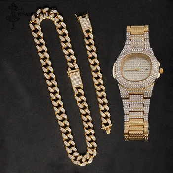Mens Ceasuri De Top De Brand De Lux De Gheață Afară Ceas De Aur+Colier+Brățară Din Oțel Inoxidabil De Afaceri Ceas De Mână Pentru Bărbați Bijuterii Hip Hop