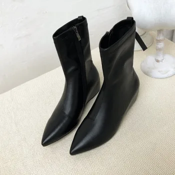 MLJUESE 2020 femeile moale glezna cizme de culoare neagra subliniat toe fermoare creșterea toc cizme de toamna primavara pentru femei cizme pentru femei dimensiune 34-40