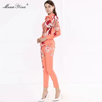 MoaaYina Femei Designer De Moda Primavara Toamna Floral Print Shirt Bluza+ Pantaloni De Creion Elegant Set De Două Piese