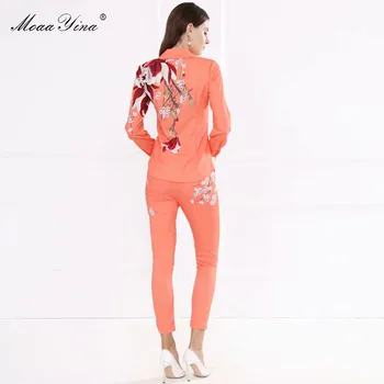 MoaaYina Femei Designer De Moda Primavara Toamna Floral Print Shirt Bluza+ Pantaloni De Creion Elegant Set De Două Piese