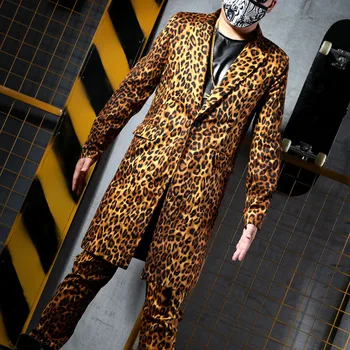 Moda Leopard de Imprimare Lung Costum Jachete Sacouri Costume pentru Bărbați Bar, Club de noapte Cântăreț DJ costum de Scenă Rock, Hip-Hop, Rock Costume
