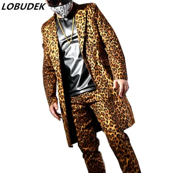 Moda Leopard de Imprimare Lung Costum Jachete Sacouri Costume pentru Bărbați Bar, Club de noapte Cântăreț DJ costum de Scenă Rock, Hip-Hop, Rock Costume