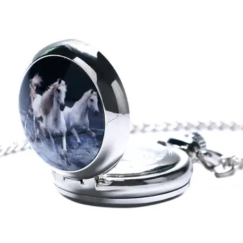 Moda Retro Argint Email Cai Galopantă Oglindă mini Ceas de Buzunar coliere Relogio De Bolso