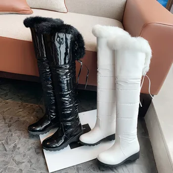 MoonMeek dimensiuni mari 34-43 moda peste genunchi cizme rotund toe doamnelor cizme med tocuri legați în cruce iarna zapada ghete 2020 nou