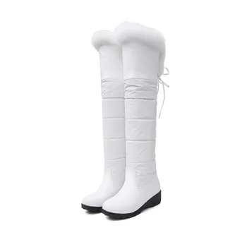 MoonMeek dimensiuni mari 34-43 moda peste genunchi cizme rotund toe doamnelor cizme med tocuri legați în cruce iarna zapada ghete 2020 nou