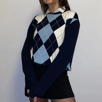 Muyogrt Argyle Carouri Pulover tricotat cu Maneca Lunga Casual, Pulovere Femei Stil Preppy O-Gât 90 Pulovere de Toamna de Moda Tricotaje