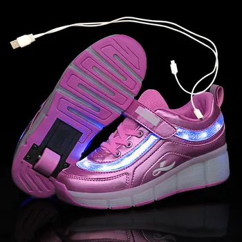 Negru Alb Roz USB de Încărcare de Moda Fete Baieti LED Pantofi de Skate Role Pentru copii Copii Adidasi Cu Roti Una roți