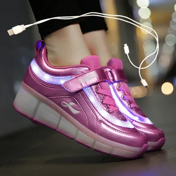 Negru Alb Roz USB de Încărcare de Moda Fete Baieti LED Pantofi de Skate Role Pentru copii Copii Adidasi Cu Roti Una roți