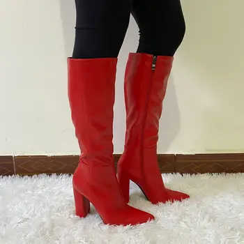 Negru, Roșu, Bej Cizme Genunchi Ridicat De Faux Din Piele Femei Cizme A Subliniat Toe Piața Toc Înalt Cizme Lungi De Toamna Iarna Doamnelor Pantofi