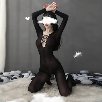Negru Sexy Corp Ciorapi Sex Feminin Erotic Lenjerie Transparenta Cu Maneci Lungi Picioare Deschis Catsuit Body Femei Costume Cosplay