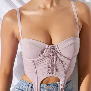 Neregulat Plisată Scurtă Femei Spaghete Curea Dantelă-Up Solid Slim Backless De Sex Feminin Bretele Moda De Vara Sexy Si Damele De Camisoles