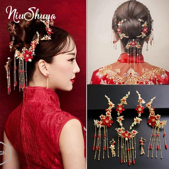 NiuShuya Eleganță Tradițională Chineză Nunta Accesorii de Par Floare Roșie Diadema de Mireasa Headpins Ciucure de Aur Hairwear bijuterii