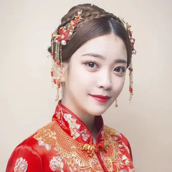 NiuShuya Eleganță Tradițională Chineză Nunta Accesorii de Par Floare Roșie Diadema de Mireasa Headpins Ciucure de Aur Hairwear bijuterii